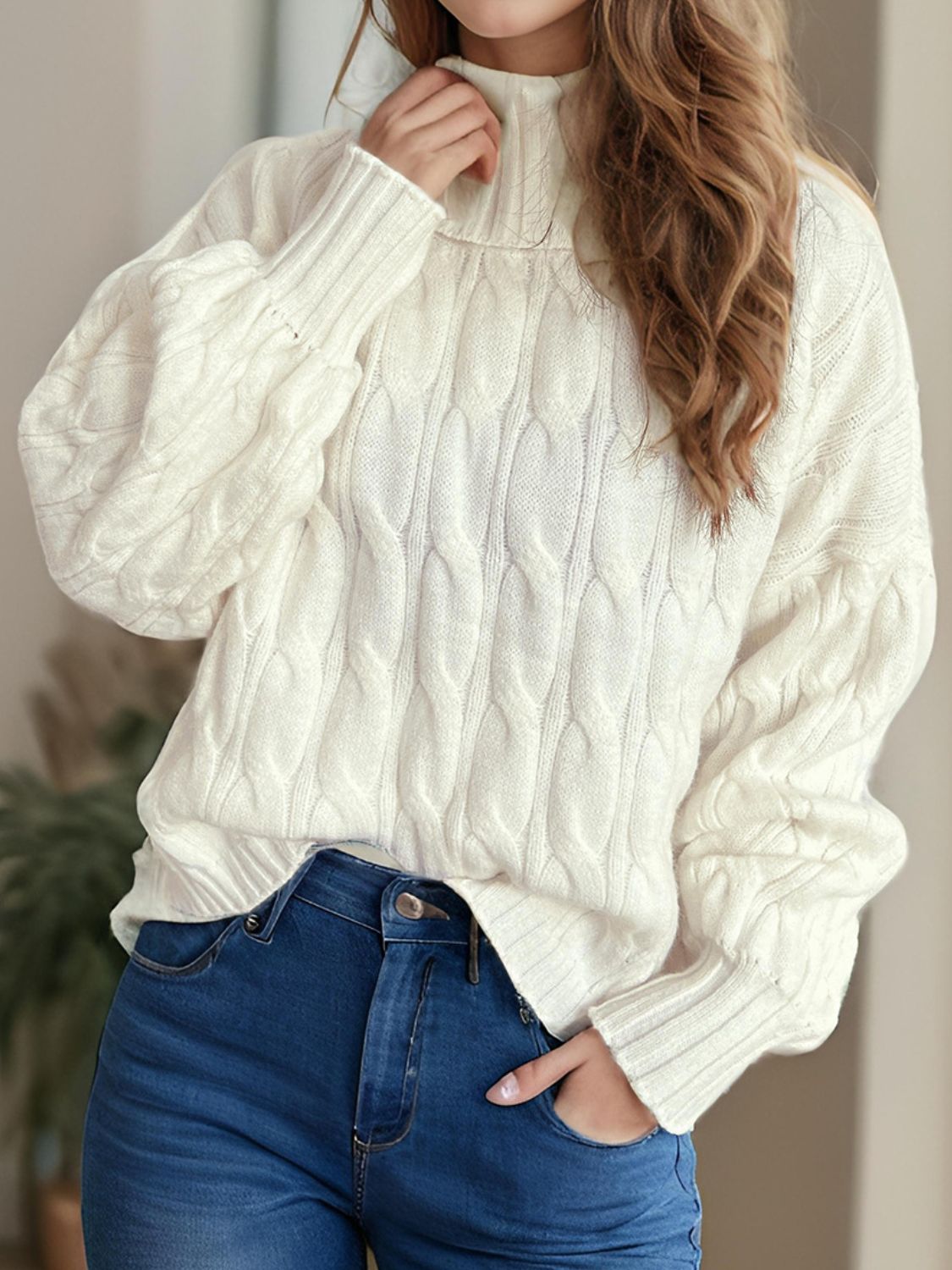 Cable-Knit Turtleneck Long Sleeve Sweater