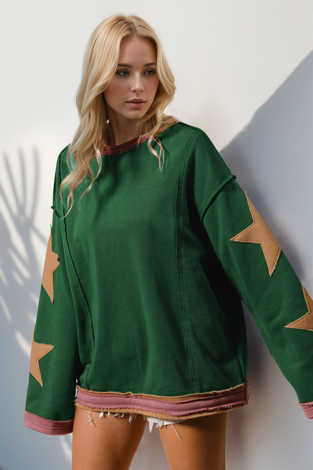 Double Take Star Patched Long Sleeve Sweatshirt