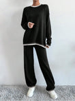 Side Slit Contrast Trim Round Neck Top and Pants Sweater Set