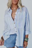 High-Low Striped Collared Neck Long Sleeve Shirt