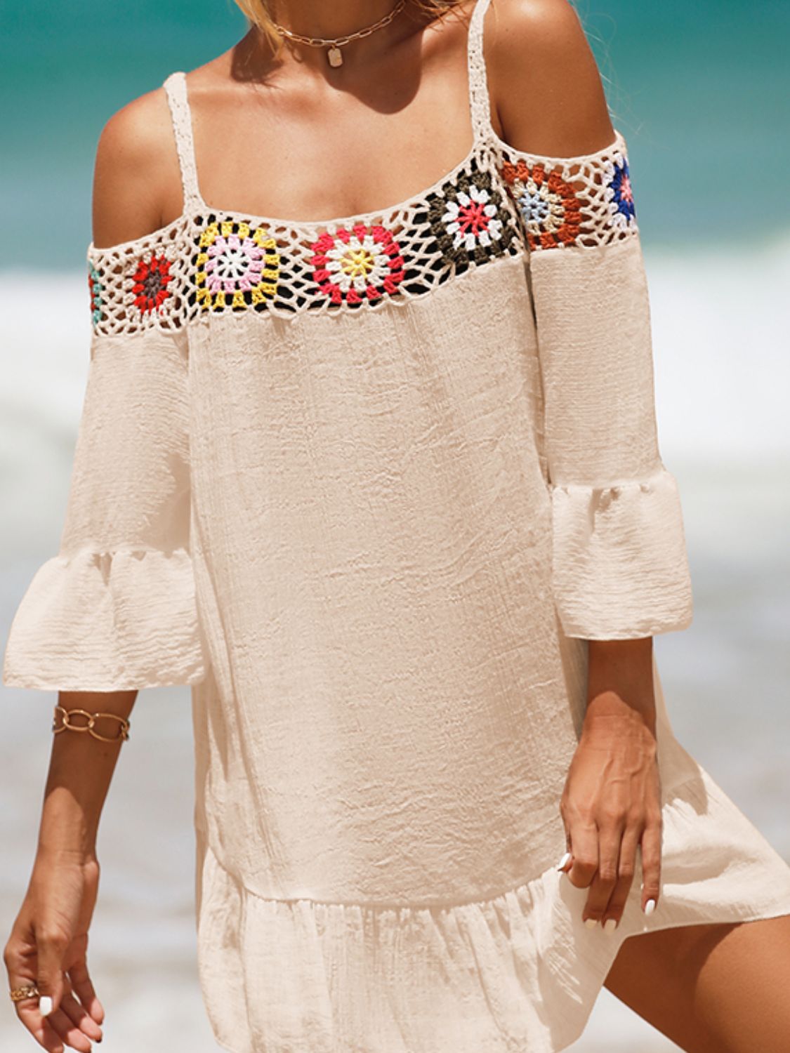 Crochet Cold Shoulder Three-Quarter Sleeve Cover Up