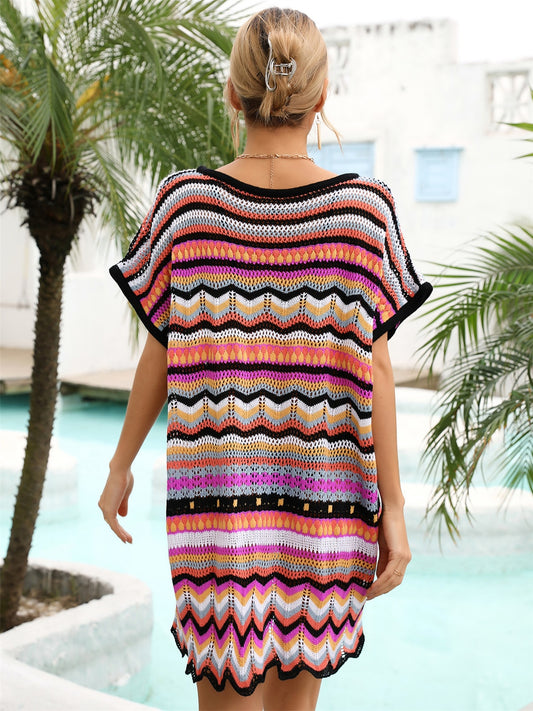 Rainbow Stripe Scalloped V-Neck Cover-Up Dress