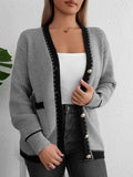 Contrast Trim Button Up Long Sleeve Cardigan