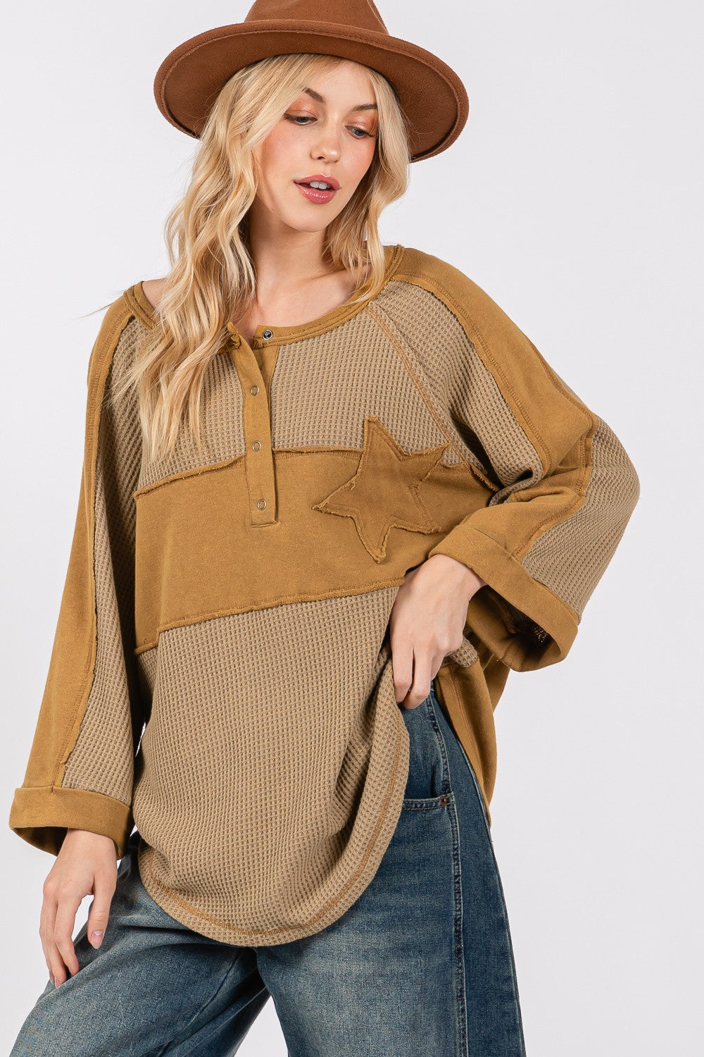 SAGE + FIG Star Applique Patch Exposed Seam Waffle Knit Top