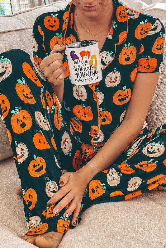 Pumpkin Printed Short Sleeve Top and Pants Lounge Set