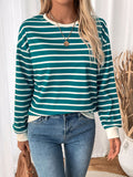 Perfee Striped Contrast Round Neck Long Sleeve Sweatshirt