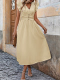 Decorative Button Ruffled V-Neck Cap Sleeve Dress