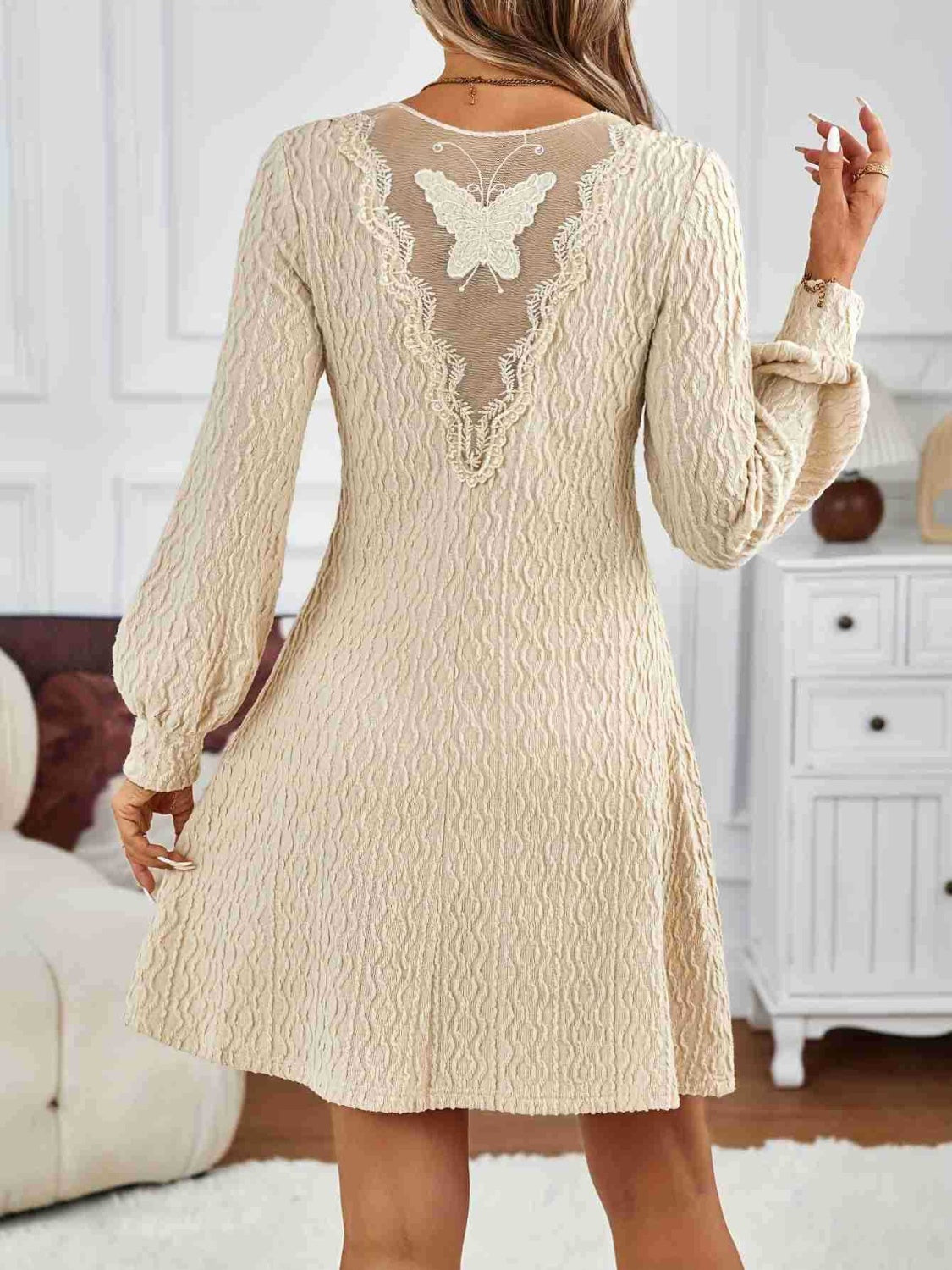 Lace Detail V-Neck Long Sleeve Dress