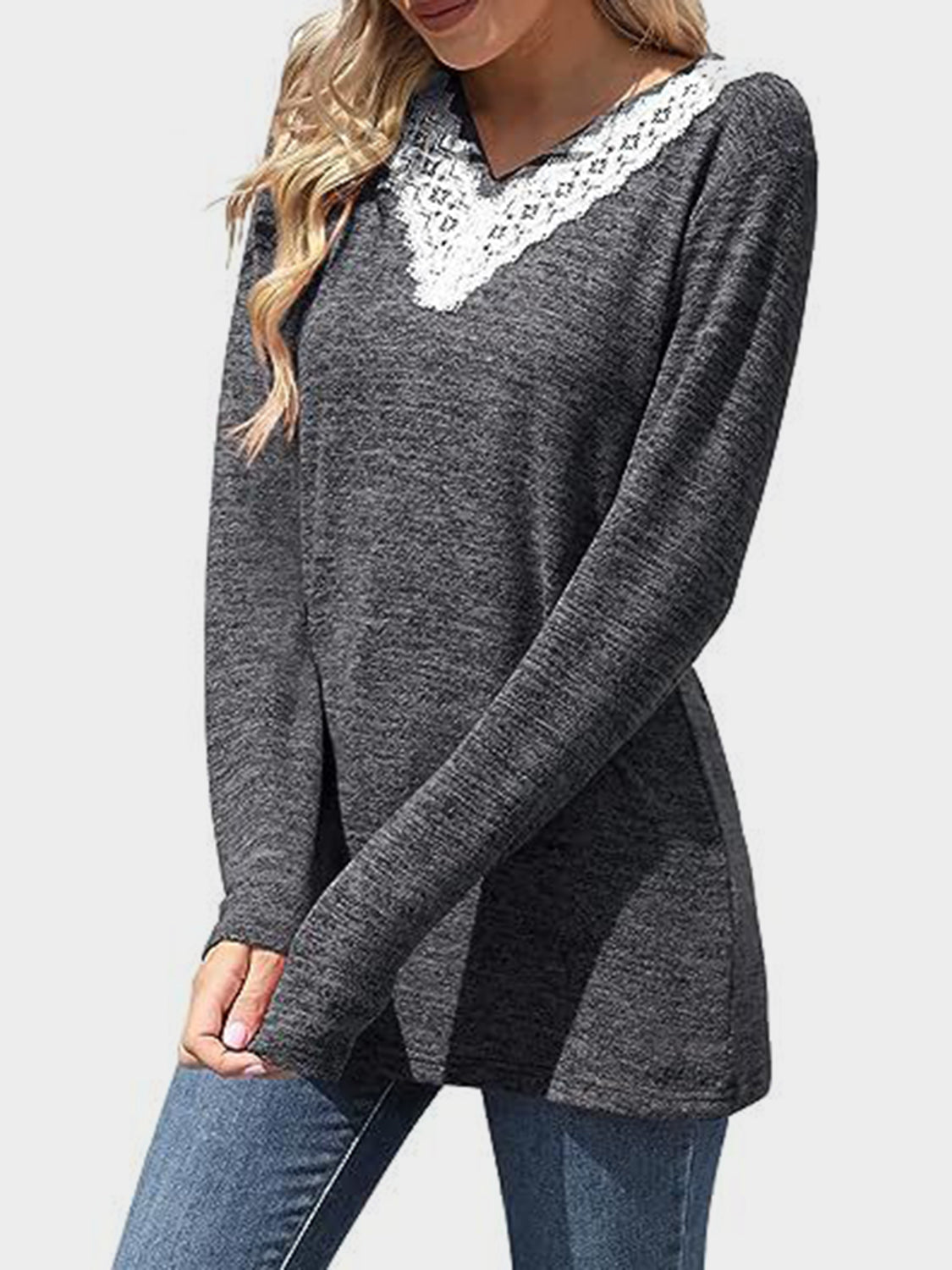 Lace Detail V-Neck Long Sleeve T-Shirt