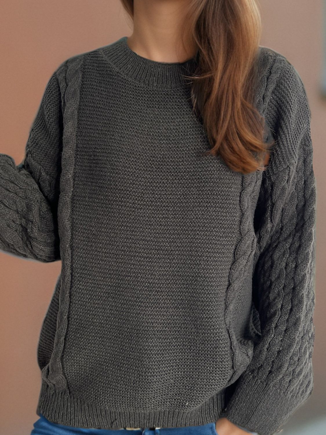 Cable-Knit Round Neck Long Sleeve Sweater