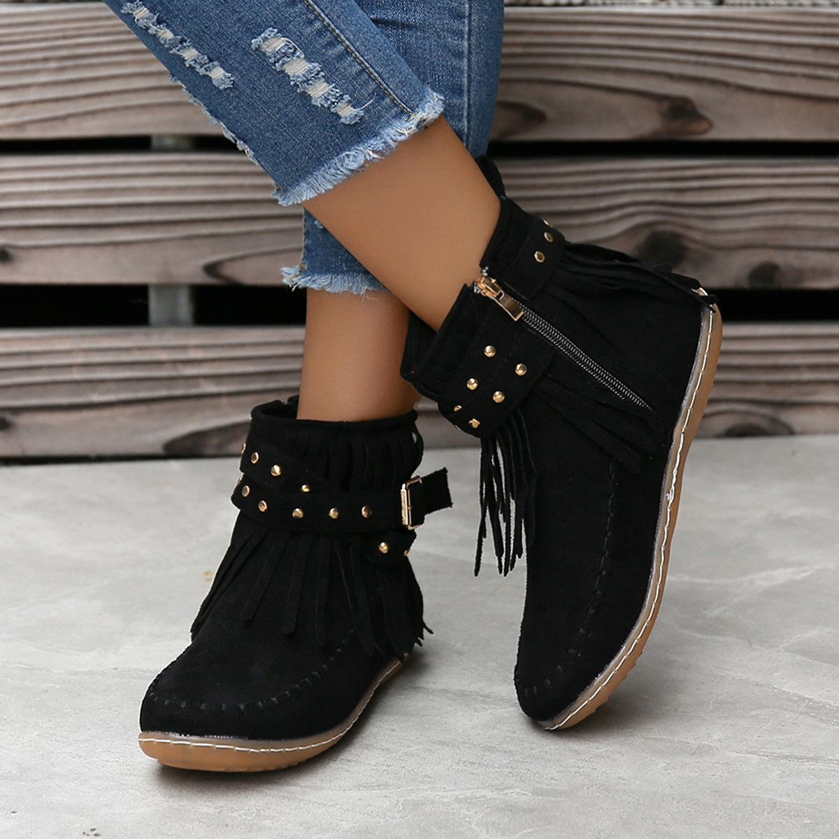 Studded Fringe Round Toe Boots