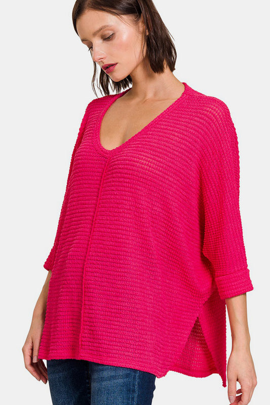 Zenana V-Neck High-Low Jacquard Knit Top