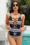 Geometric Lace-Up One-Piece Swimsuit