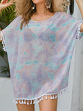 Full Size Tassel Scoop Neck Half Sleeve Cover Up