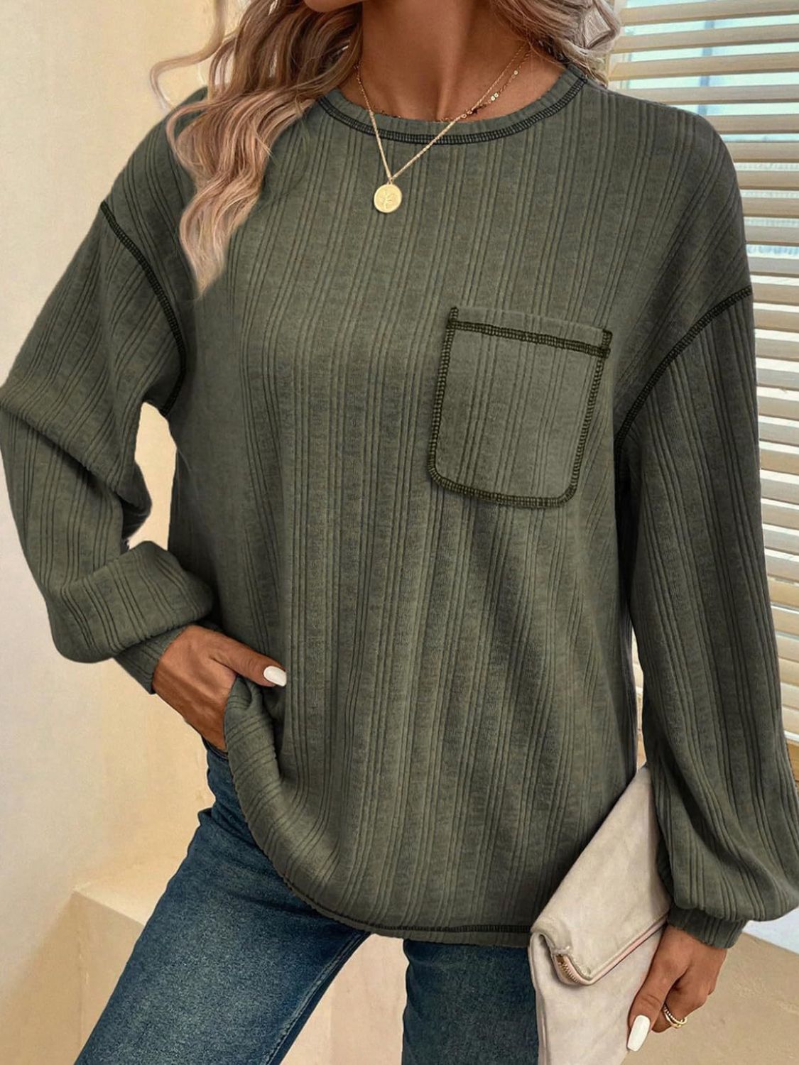 Mandy Contrast Stitching Round Neck Long Sleeve T-Shirt