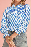 Frill Printed Button Up Long Sleeve Shirt