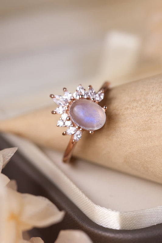 High Quality Natural Moonstone 18K Rose Gold-Plated 925 Sterling Silver Ring