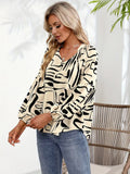 Printed Notched Long Sleeve Blouse