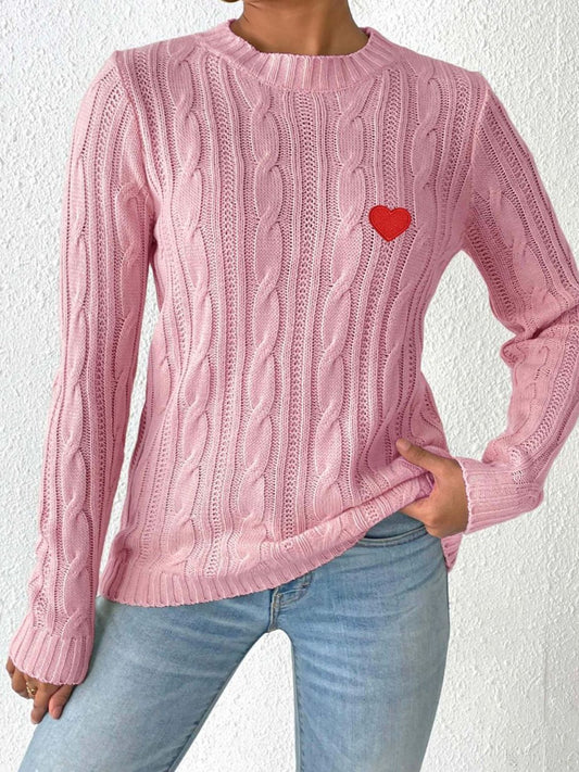 Cable-Knit Heart Round Neck Long Sleeve Sweater