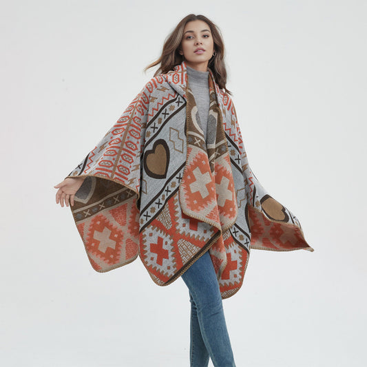 Jacquard Pattern Hooded Shawl