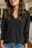 Textured V-Neck Long Sleeve T-Shirt