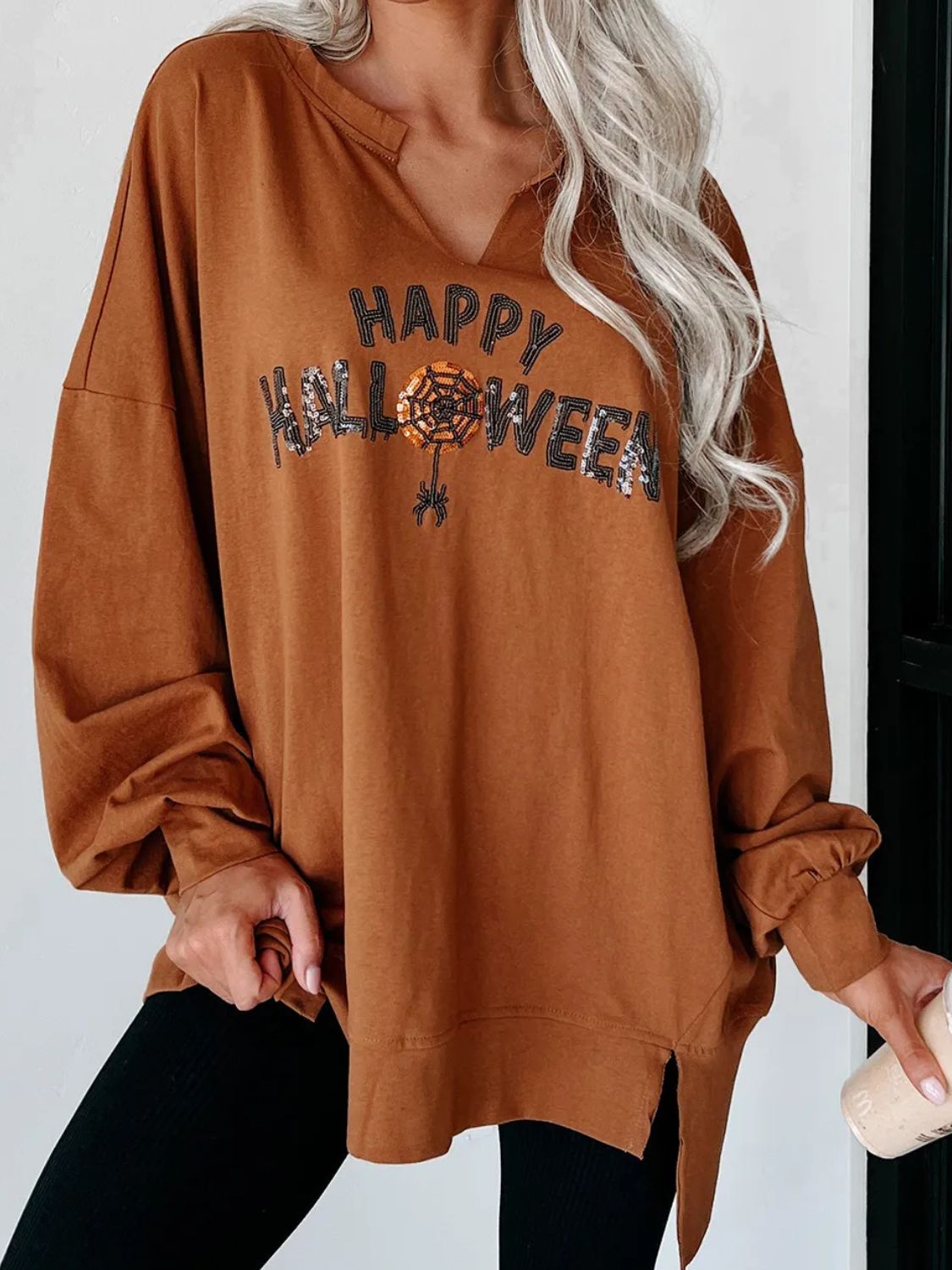 Sequin Letter Graphic Notched Long Sleeve Sweatshirt