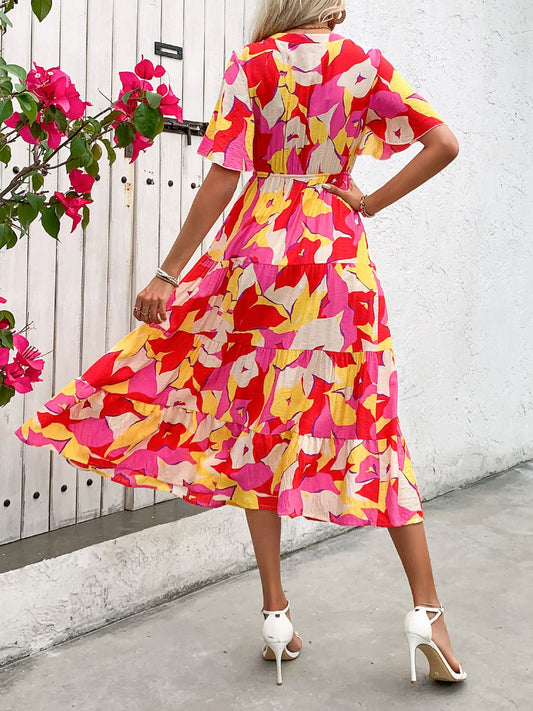 Printed V-Neck Flutter Sleeve Midi Dress