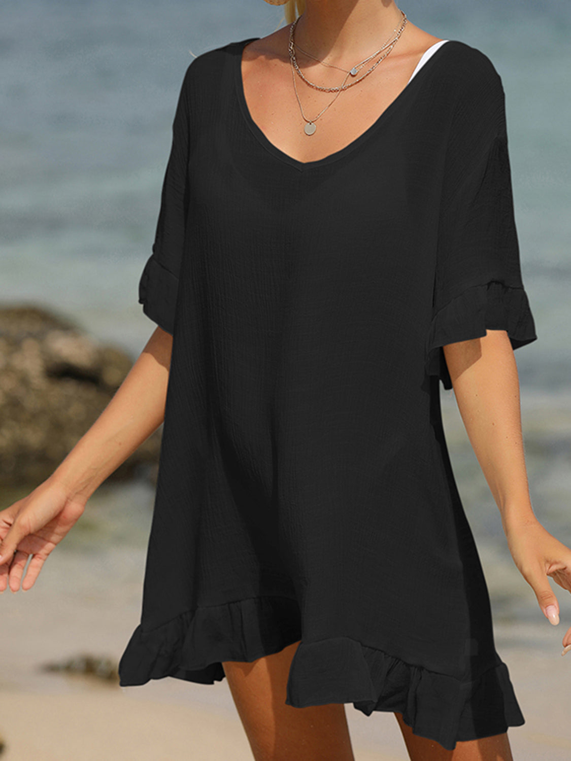 Tied Ruffled Half Sleeve Cover-Up