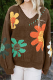 Flower V-Neck Dropped Shoulder Sweater