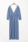 Tied Plunge Three-Quarter Sleeve Denim Dress