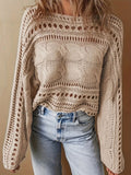 Hollow Out Cable-Knit Boat Neck Sweater