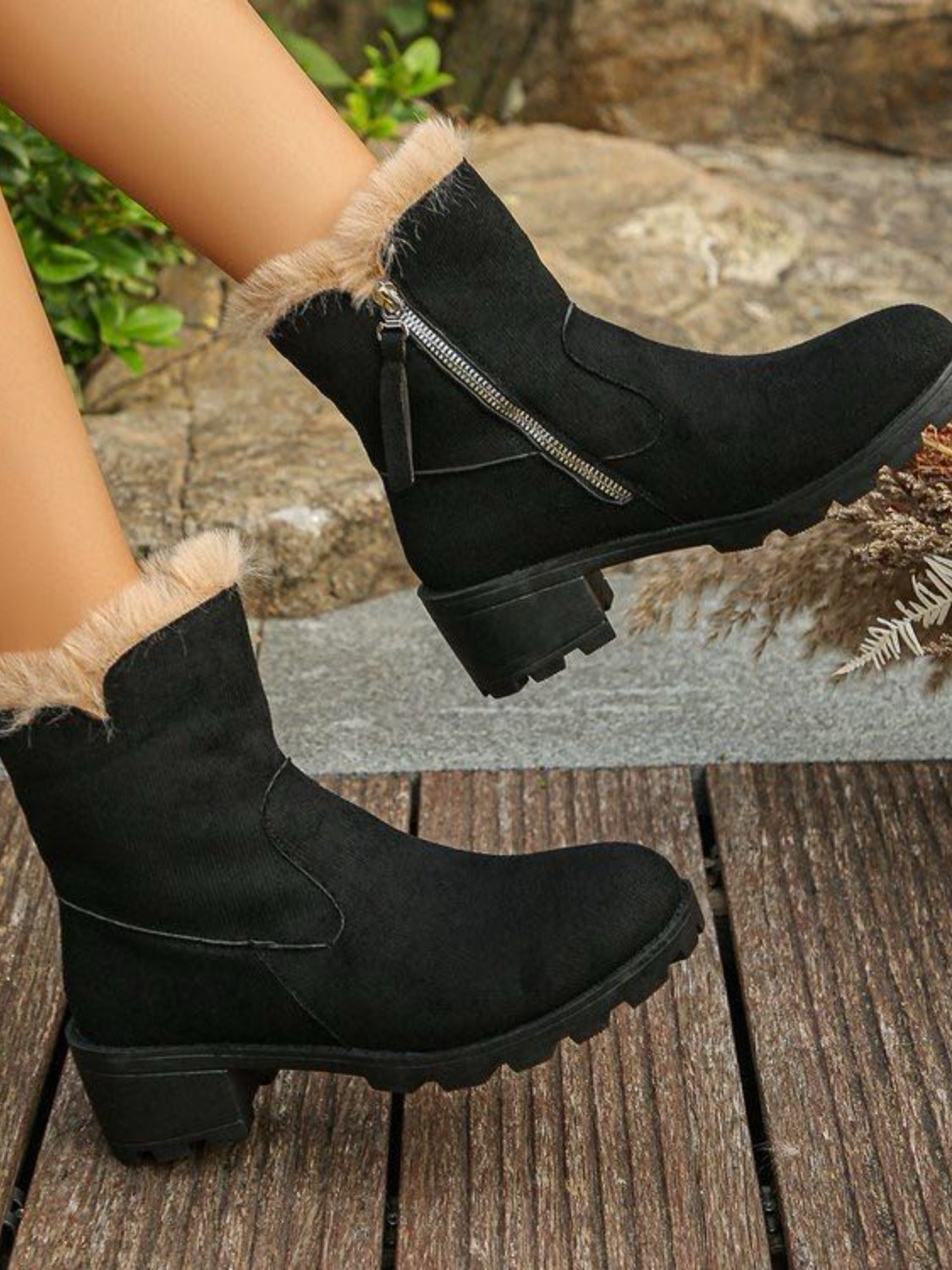 Suede Faux Fur Block Heel Boots