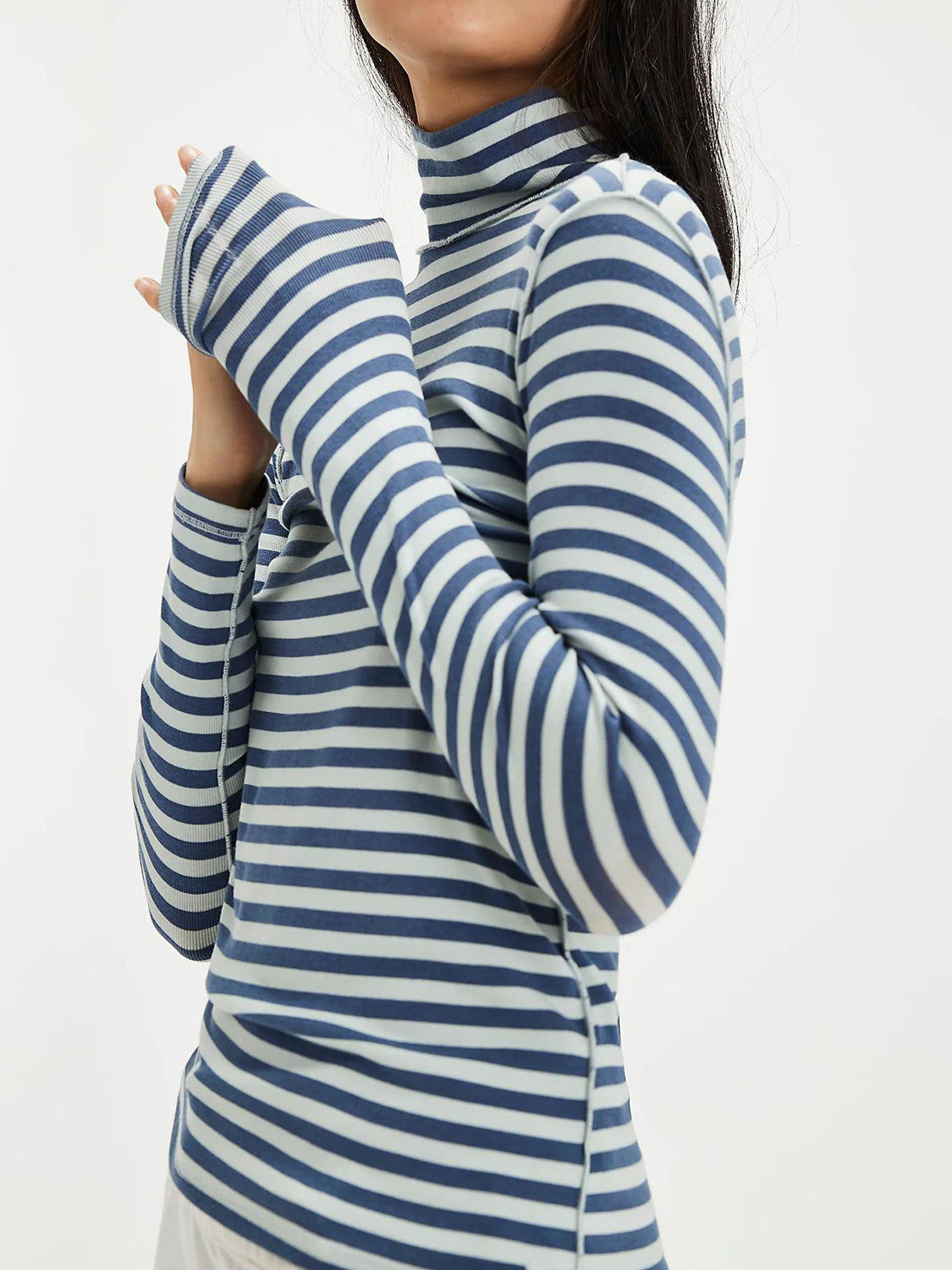 Exposed Seam Striped Turtleneck Long Sleeve T-Shirt