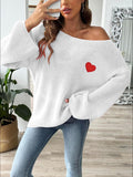 Heart Boat Neck Dropped Shoulder Sweater