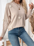 Perfee Flower Round Neck Long Sleeve Sweater