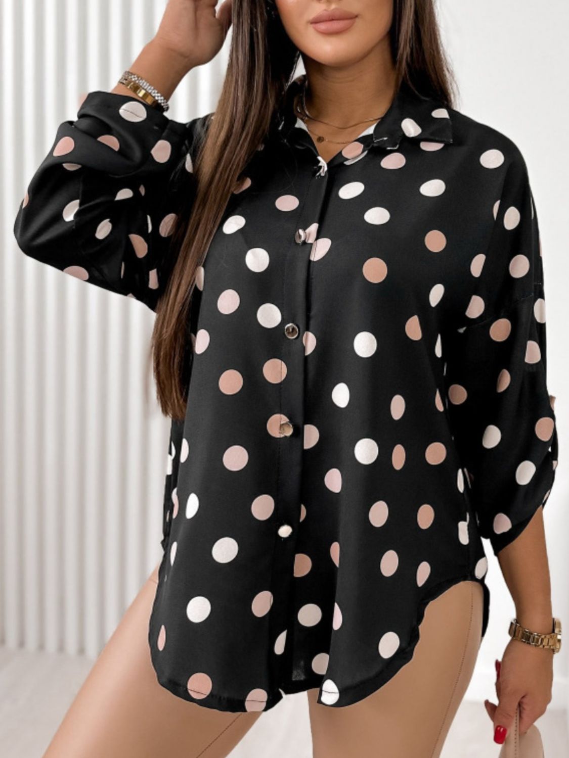 Printed Collared Neck Roll-Tab Sleeve Shirt