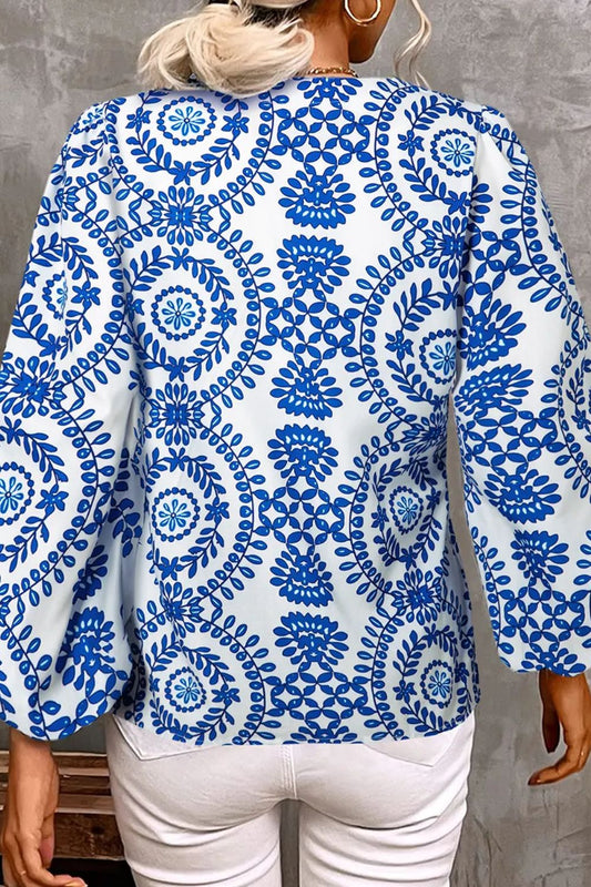 Printed Notched Long Sleeve Blouse