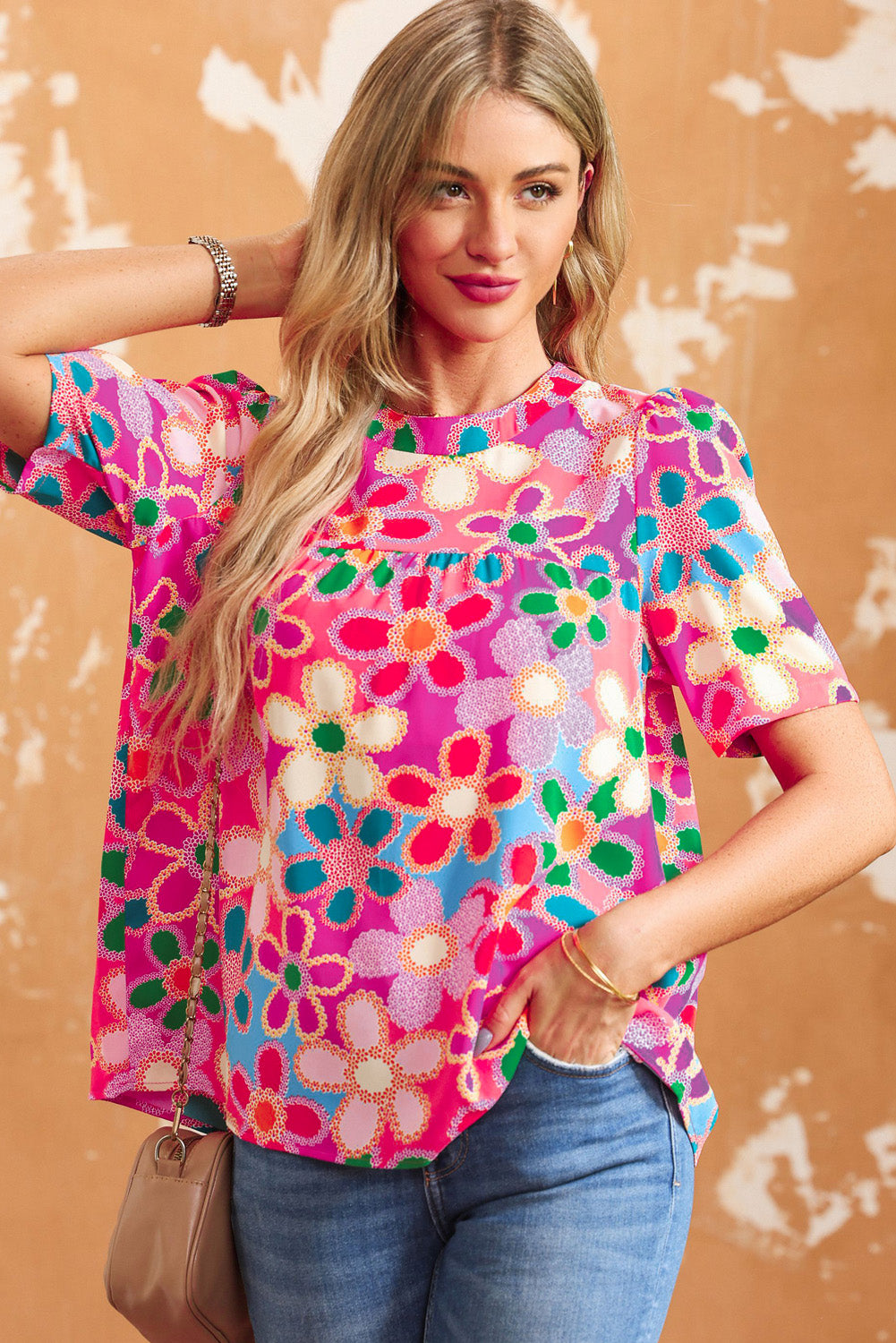 Tied Printed Round Neck Half Sleeve Blouse