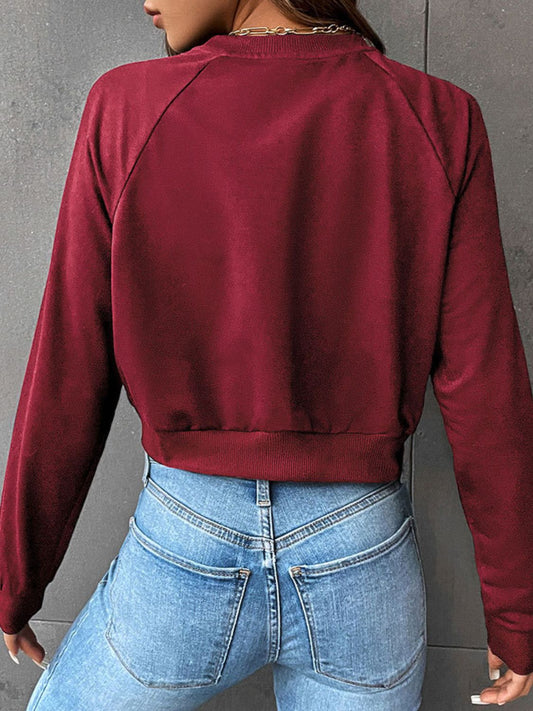 Perfee Raglan Sleeve Round Neck Cropped Sweatshirt