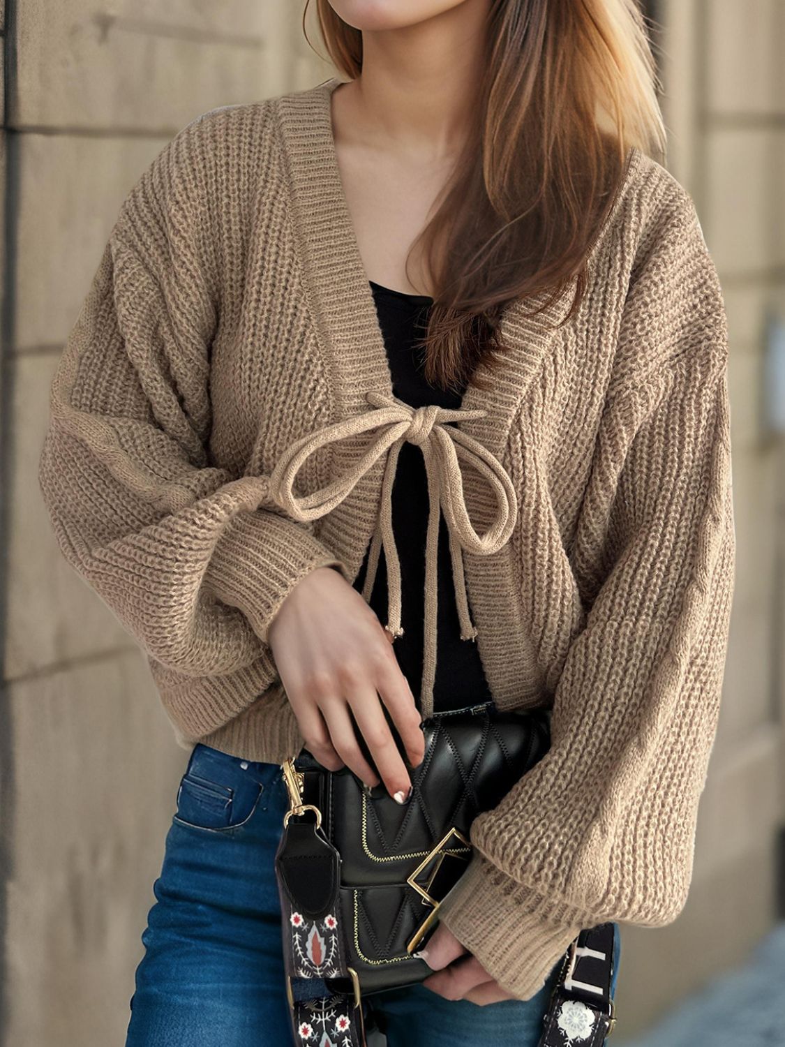 Tied Dropped Shoulder Long Sleeve Cardigan