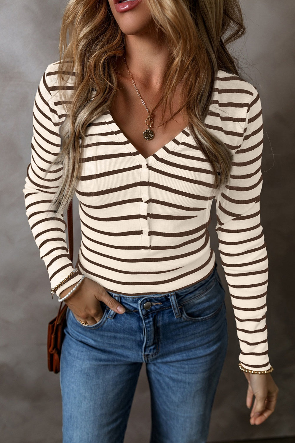 Striped V-Neck Long Sleeve Top