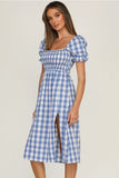 Full Size Slit Plaid Short Sleeve Midi Dress