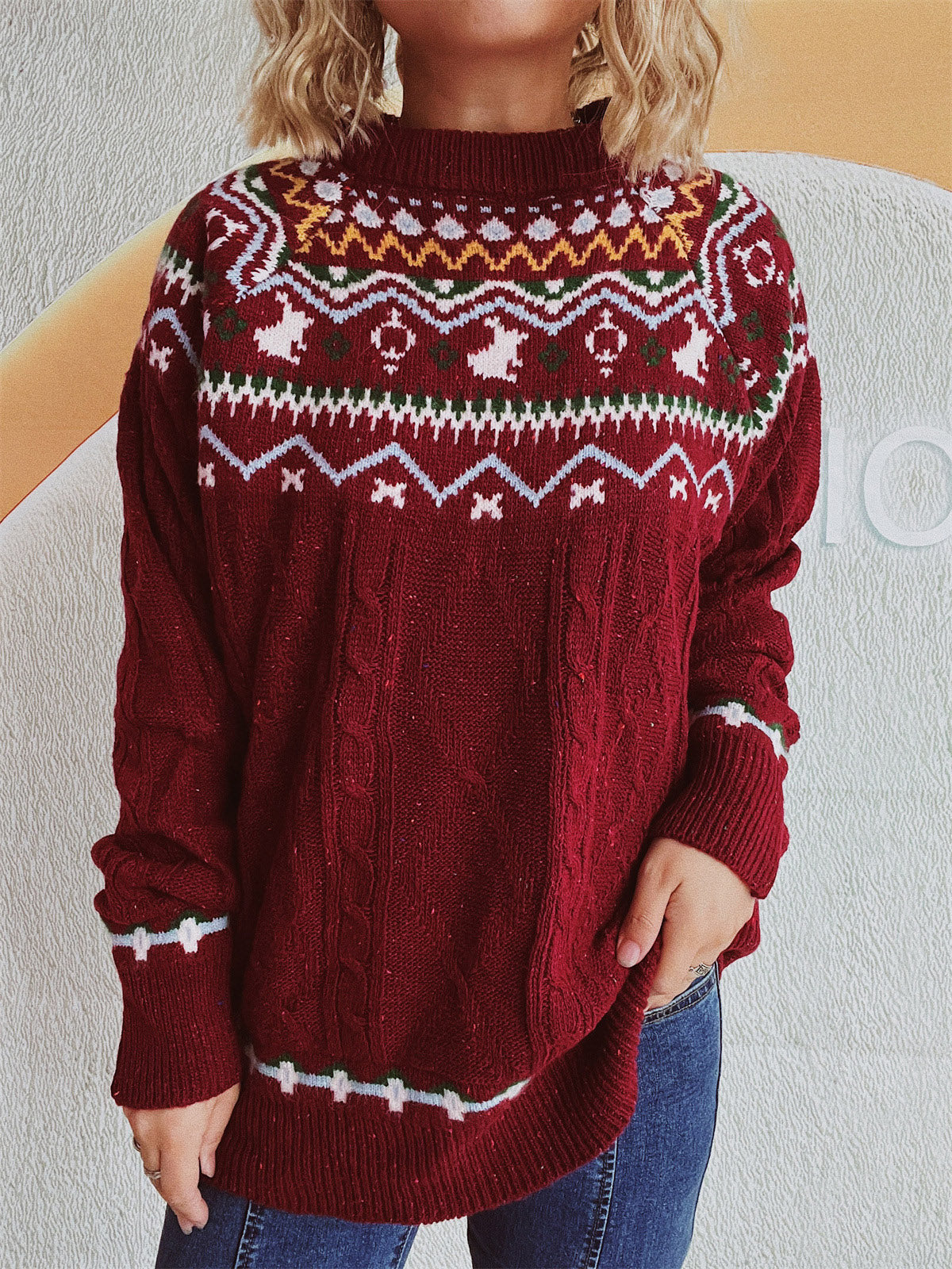 Cable-Knit Mock Neck Long Sleeve Sweater