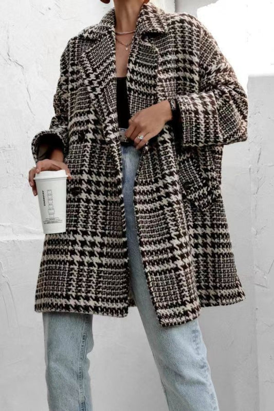 Houndstooth Collared Neck Long Sleeve Coat