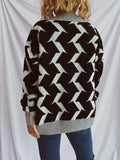 Contrast Trim Geometric V-Neck Long Sleeve Cardigan