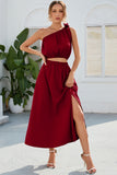 Ruched One Shoulder Top and Slit Skirt Set