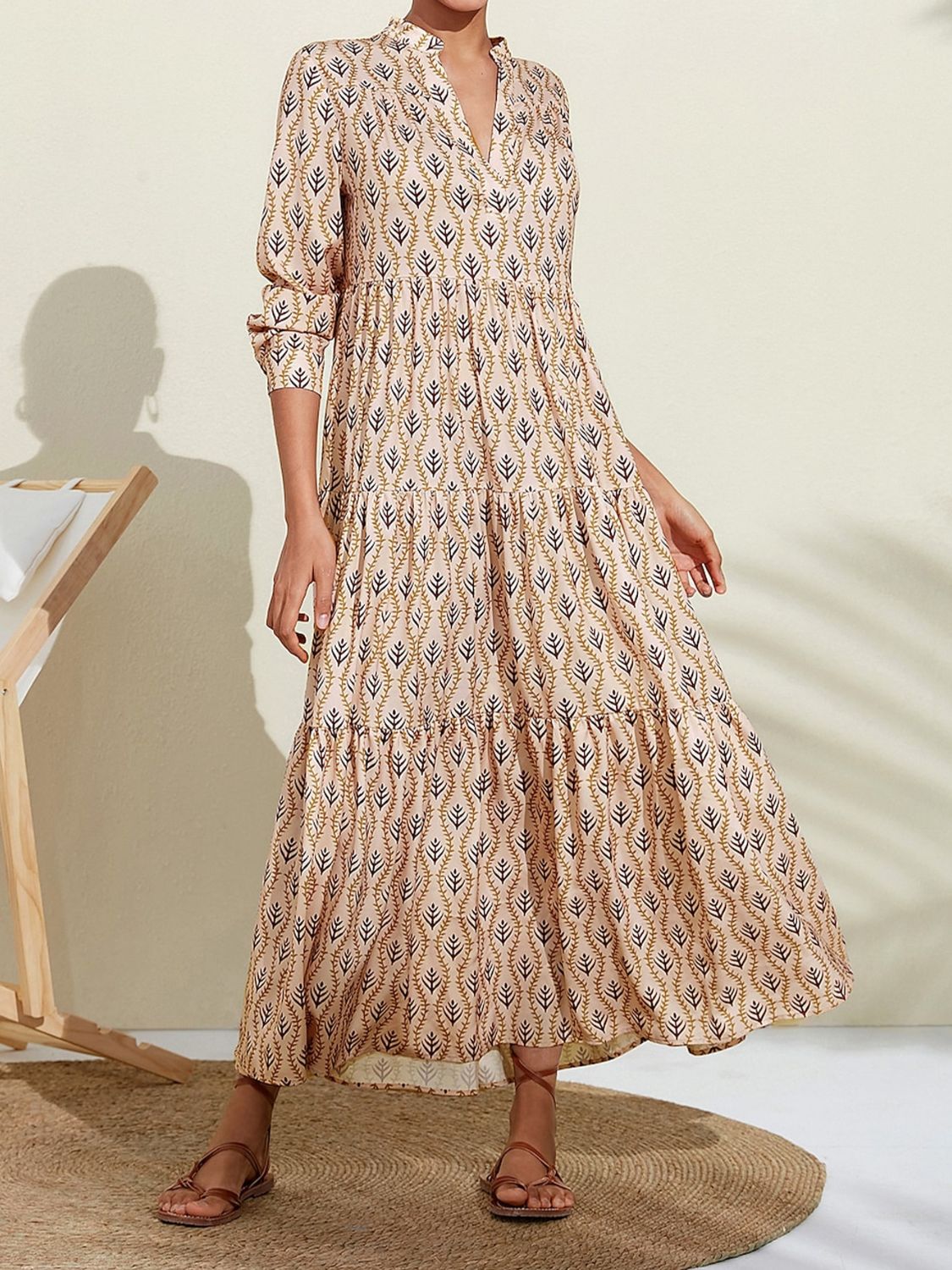 Printed Notched Long Sleeve Midi Dress