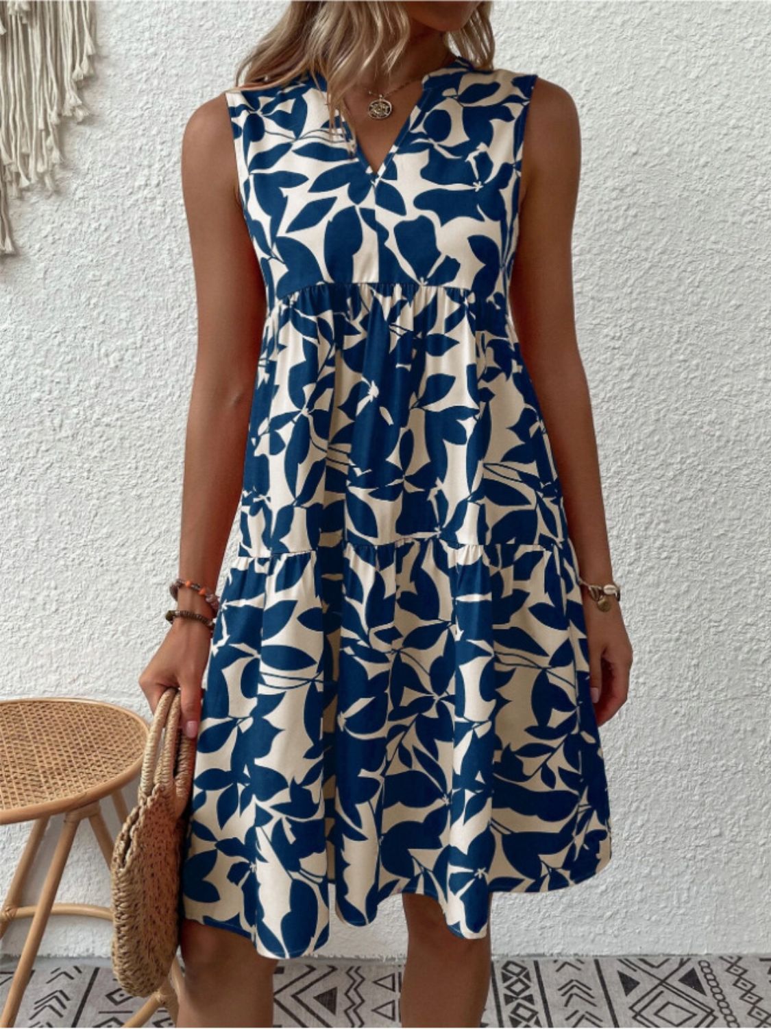 Printed Notched Sleeveless Mini Dress