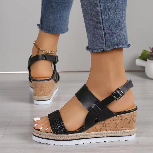 PU Leather Woven Wedge Sandals