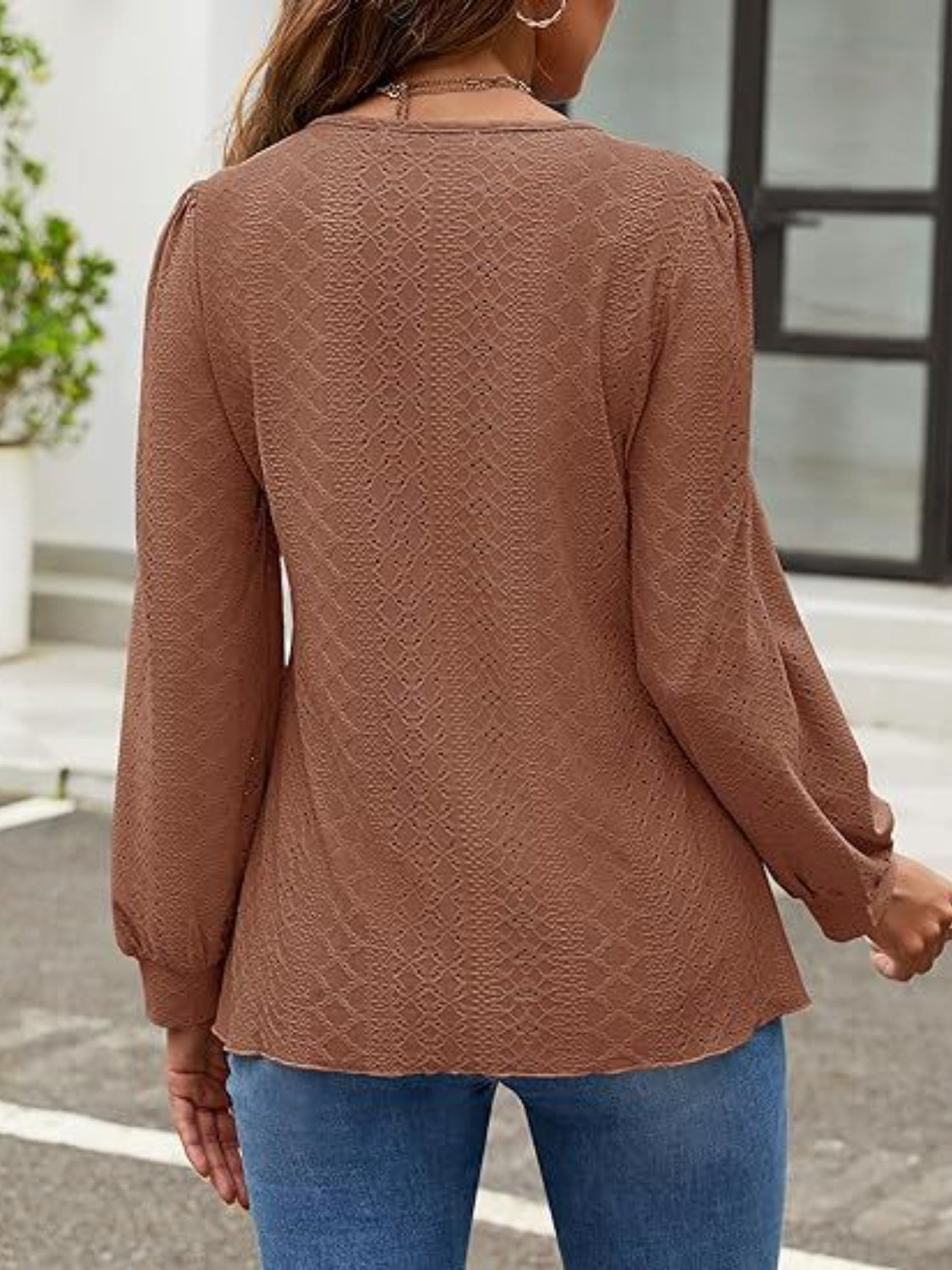 Eyelet Round Neck Long Sleeve Top